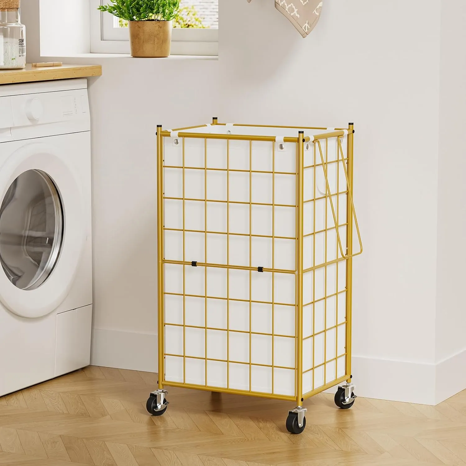 WOWLIVE Laundry Hamper with Wheels,Metal Wire Frame Rolling Laundry Basket with Removable bag,100L Dirty Clothes Hamper Organizer Dorm Room Storage for Bedroom,Bathroom,Golden