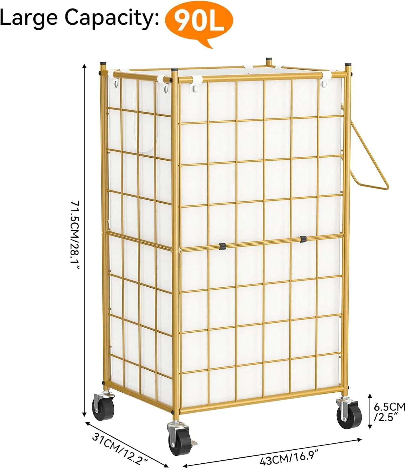 WOWLIVE Laundry Hamper with Wheels,Metal Wire Frame Rolling Laundry Basket with Removable bag,100L Dirty Clothes Hamper Organizer Dorm Room Storage for Bedroom,Bathroom,Golden