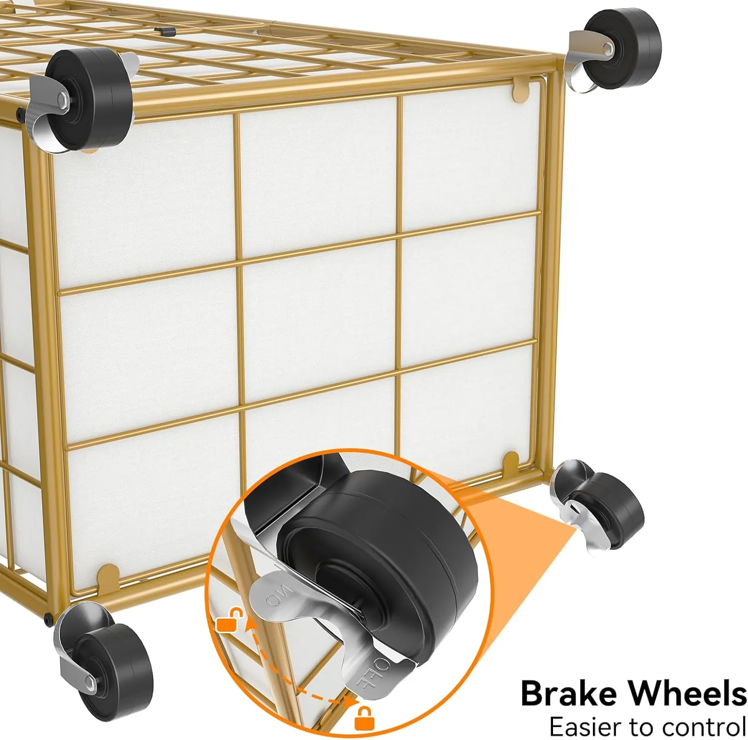 WOWLIVE Laundry Hamper with Wheels,Metal Wire Frame Rolling Laundry Basket with Removable bag,100L Dirty Clothes Hamper Organizer Dorm Room Storage for Bedroom,Bathroom,Golden