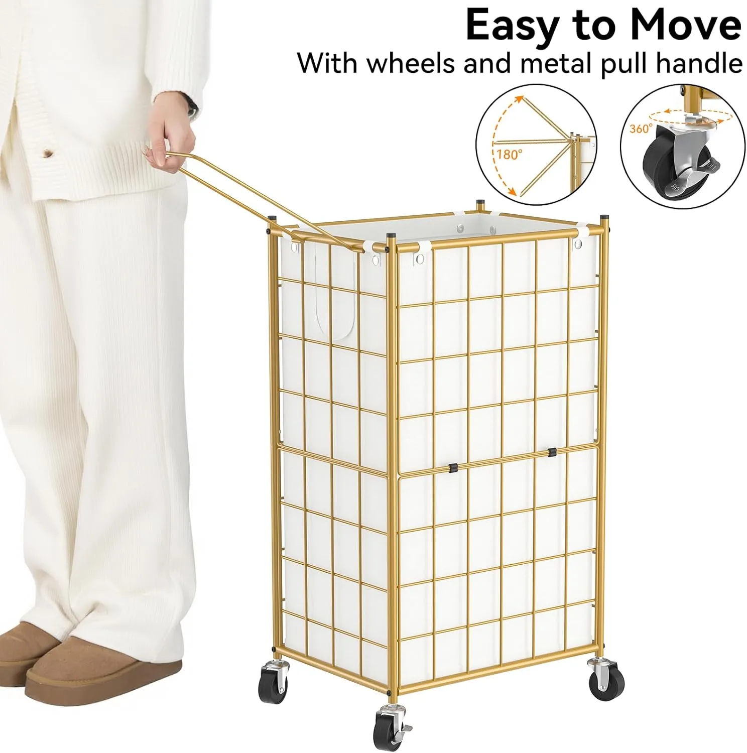 WOWLIVE Laundry Hamper with Wheels,Metal Wire Frame Rolling Laundry Basket with Removable bag,100L Dirty Clothes Hamper Organizer Dorm Room Storage for Bedroom,Bathroom,Golden