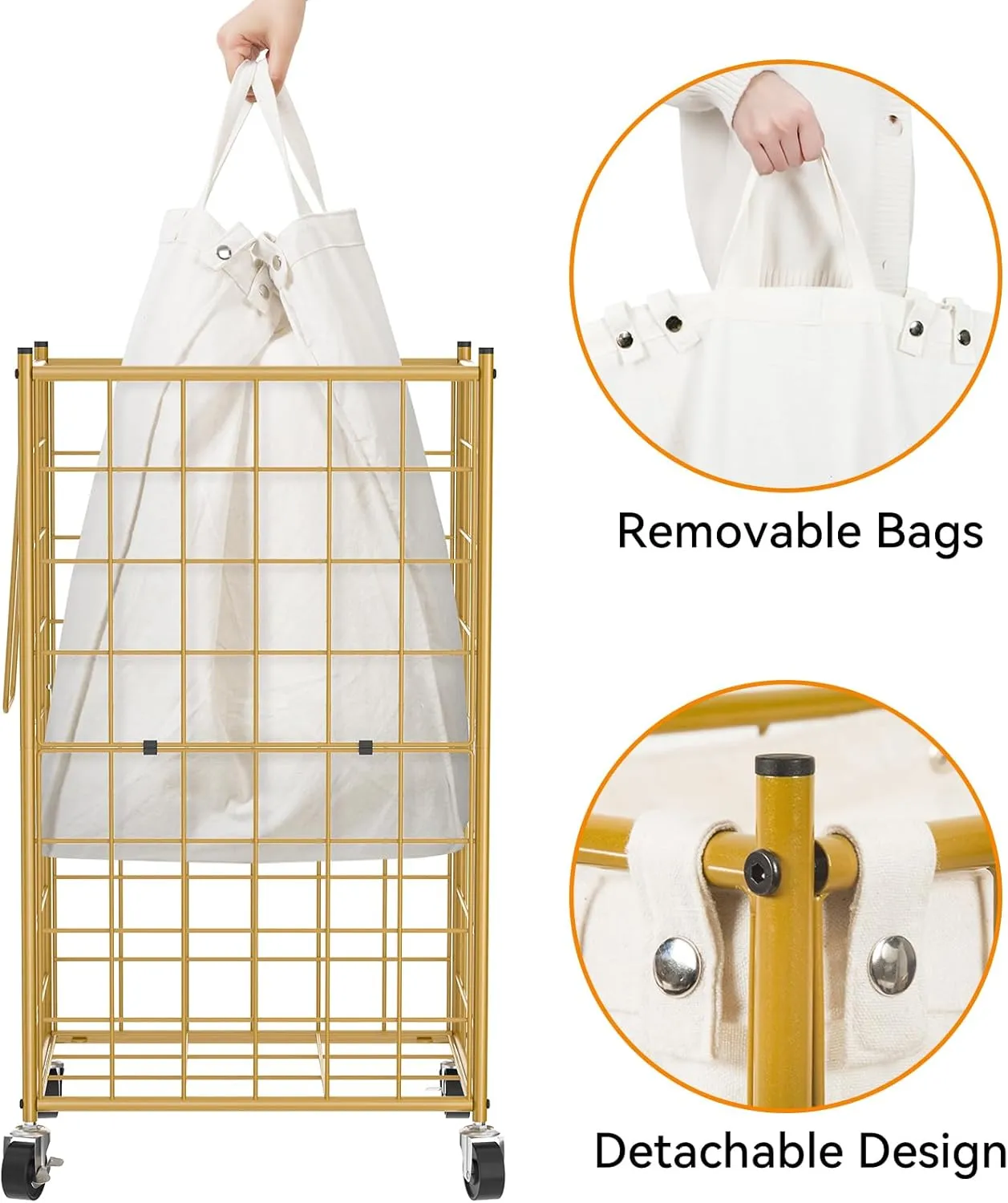 WOWLIVE Laundry Hamper with Wheels,Metal Wire Frame Rolling Laundry Basket with Removable bag,100L Dirty Clothes Hamper Organizer Dorm Room Storage for Bedroom,Bathroom,Golden
