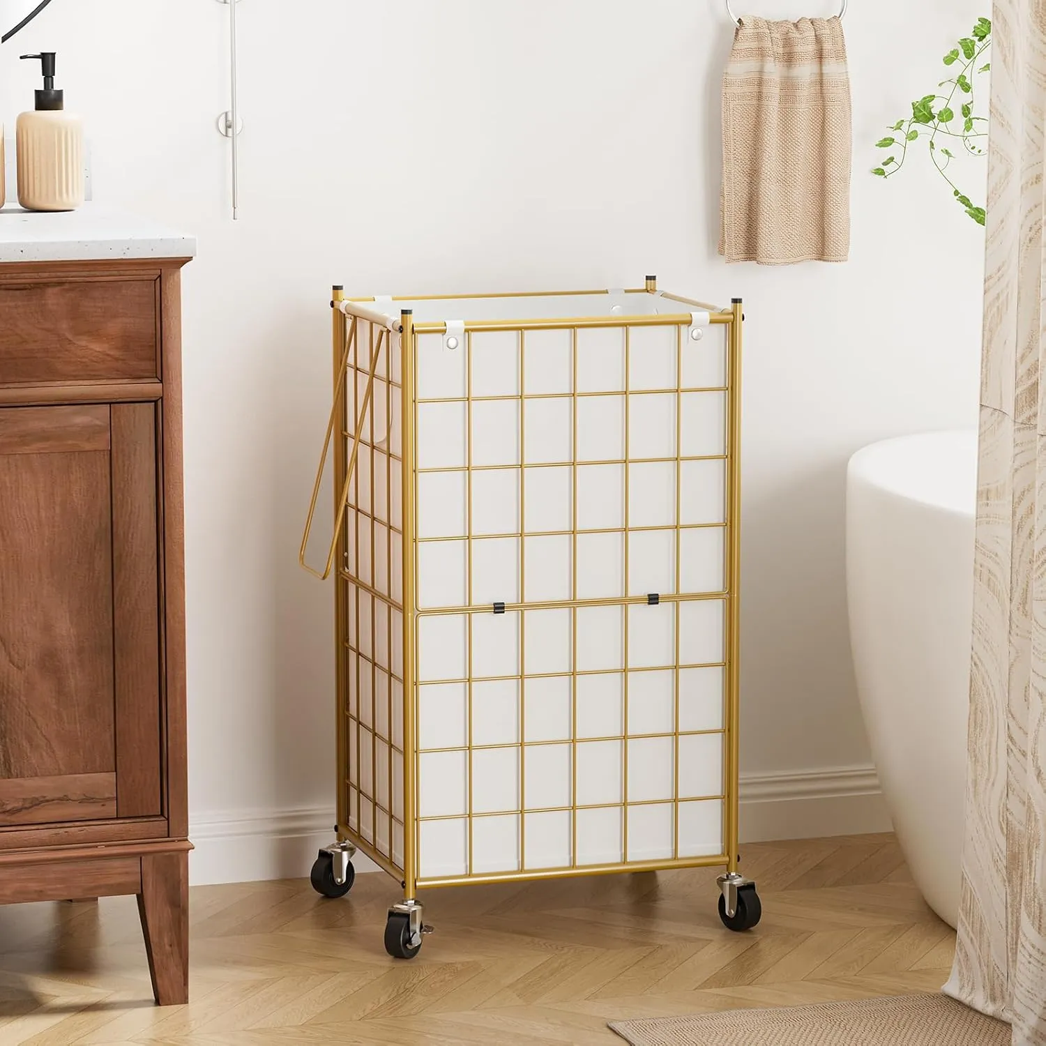 WOWLIVE Laundry Hamper with Wheels,Metal Wire Frame Rolling Laundry Basket with Removable bag,100L Dirty Clothes Hamper Organizer Dorm Room Storage for Bedroom,Bathroom,Golden